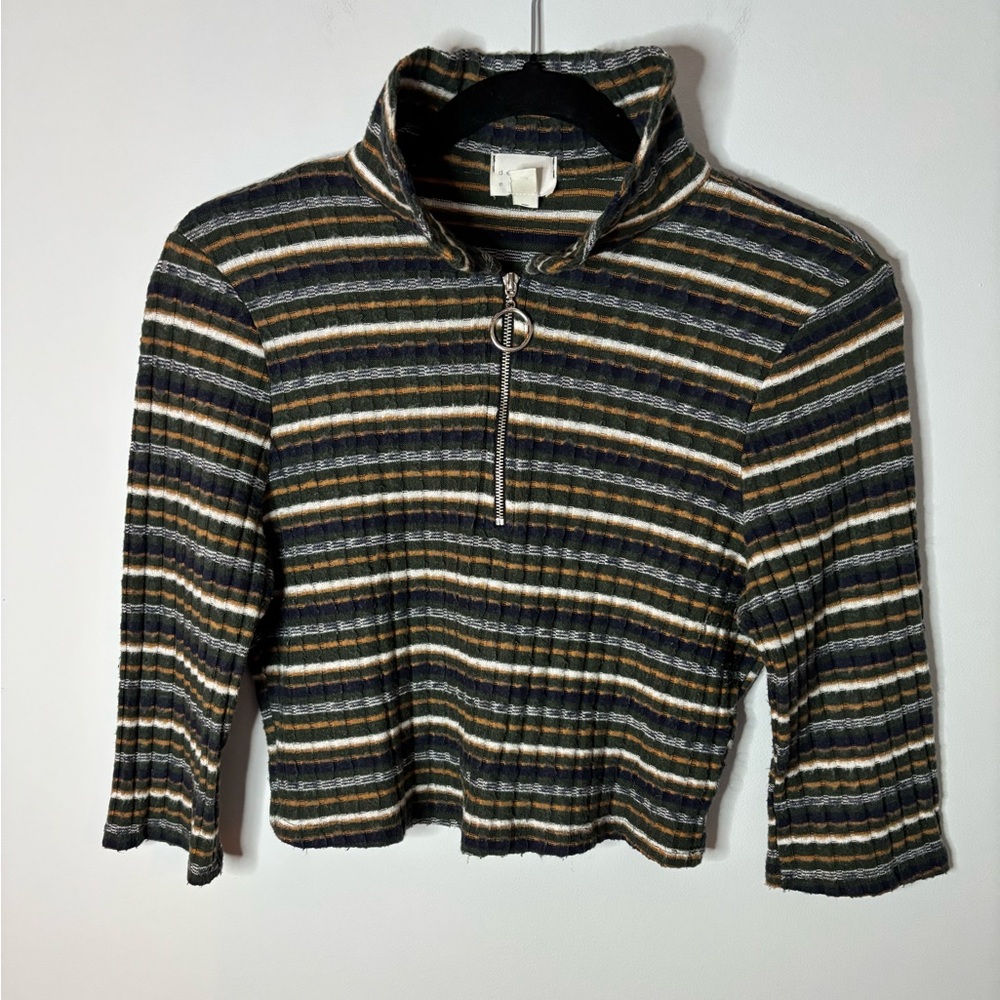 Striped Mock Neck Crop Top with Zip - Black/Green/White